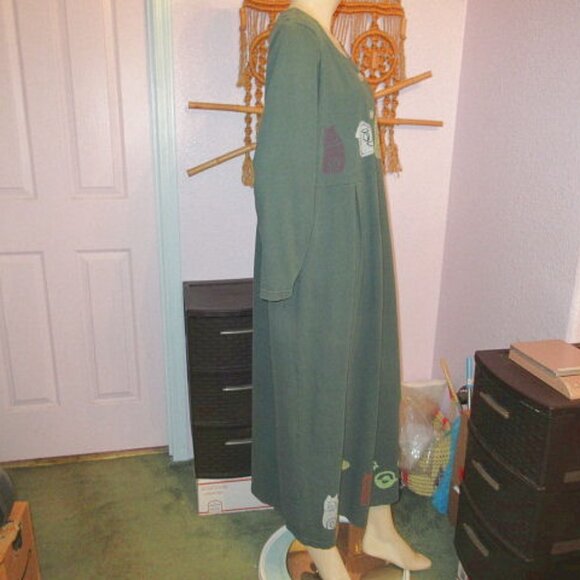 Vtg 70s Cat Lady T-Shirt Dress Size L Maxi Bird House Stretch Pleated Prairie - Picture 8 of 13